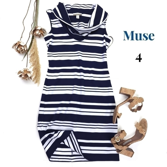 MUSE Navy White Striped Cowl Neck Sweater Dress Sz 4 - Picture 1 of 13